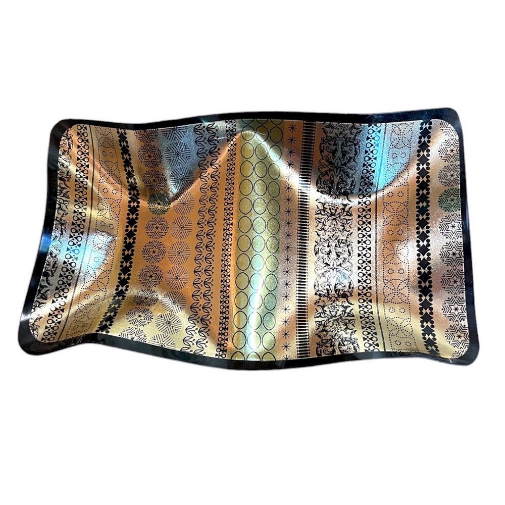 Wavy Small Resin Tray Funky Retro Patterned Gold Colored 10.5” x 6.5”